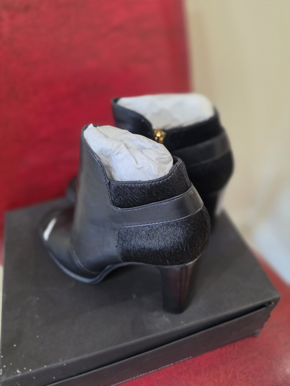 M4DE -Women's Black Leather Ankle Booties with Haircalf Accents